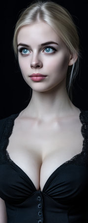 A woman poses confidently showcasing her striking blue eyes and beautiful blonde hair. She wears a stylish black outfit that highlights her features with a dark background enhancing her presence.の素材