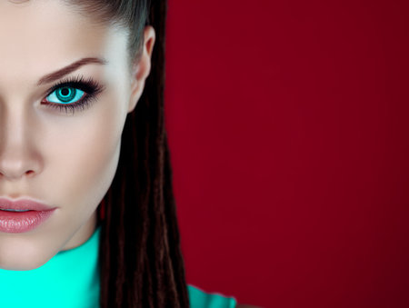 A model poses with a powerful gaze showcasing striking turquoise eyes and elegantly styled dark hair. The bold red background enhances her captivating features creating an intense visual impact.の素材