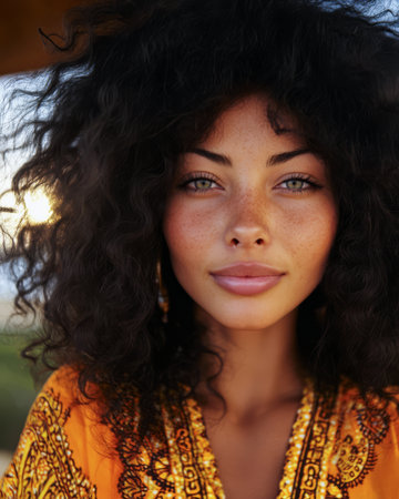 A young woman with dark curly hair poses confidently wearing an orange patterned outfit during golden hour. The warm sunlight highlights her features against a soft natural background.の素材