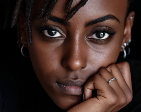 A woman with striking features gazes intently at the viewer showcasing her beautiful eyes and distinctive hairstyle. Light softly highlights her facial contours creating a mesmerizing effect.の素材