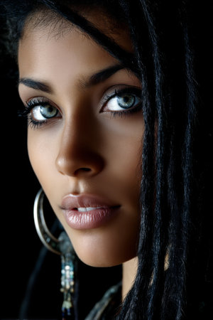 A close-up view of a woman showcasing beautiful blue eyes and dreadlocks. Her expression is serene and confident. She wears large hoop earrings emphasizing her unique style and elegance.の素材