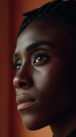 A young woman with dreadlocks glances out of a window lost in thought. The warm light creates a serene atmosphere highlighting her features and expression portraying a moment of contemplation.の素材