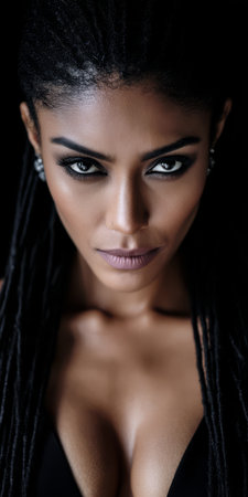 A close-up view of a woman with long dark hair and dramatic makeup showcasing her intense gaze. The focus is on her captivating expression and strong facial features that draw attention.の素材