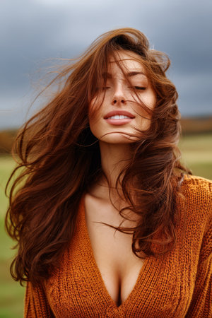 A young woman stands in a lush green field her long hair blowing in the wind under an overcast sky. She smiles gently radiating happiness and connection to nature.の素材