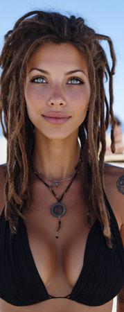 A woman with long dreadlocks poses confidently with a warm smile under the bright sun. She wears a black swimsuit and tribal jewelry enjoying a relaxing day at the beach with vibrant blue skies.の素材