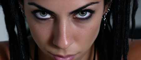A woman with striking green eyes and dark dreadlocks stares intensely at the camera conveying a sense of confidence and strength. The background is softly blurred to emphasize her features.の素材