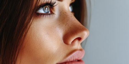 A young persons face captured in a close-up showcasing deep blue eyes smooth skin and natural freckles. The individual gazes thoughtfully to the side against a neutral background.の素材