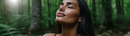 In a verdant forest a woman with long dark hair closes her eyes embracing a peaceful moment. Surrounded by greenery she appears calm and serene connecting with nature in daylight.の素材
