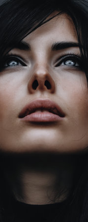 A woman gazes upward with intense focus highlighting her striking features and captivating eyes. The dramatic lighting enhances her beauty and creates an enigmatic atmosphere.の素材