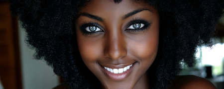 A woman with curly dark hair smiles brightly displaying her radiant skin and striking blue eyes. The background hints at a bright and sunny environment emphasizing her joyful demeanor.の素材