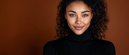 A young woman with beautiful curly hair smiles confidently wearing a black turtleneck. She stands against a warm brown backdrop radiating positivity and charm in an inviting atmosphere.の素材