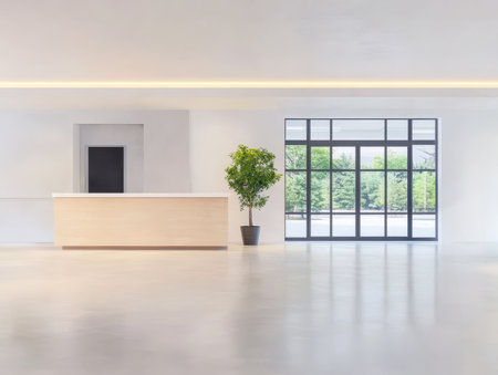 A spacious reception area features a sleek white desk a potted green plant and large windows allowing abundant natural light. The minimalist design creates a welcoming atmosphere.の素材