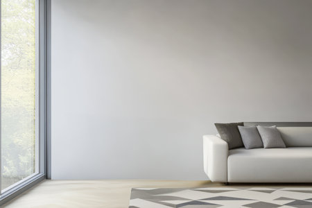 A spacious living room showcases a modern white sofa adorned with gray cushions. Large windows flood the area with natural sunlight highlighting a neutral color palette.の素材