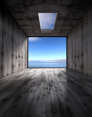 A spacious room features a concrete structure with a large opening overlooking a serene ocean and blue sky. Natural light fills the area creating a tranquil atmosphere.の素材