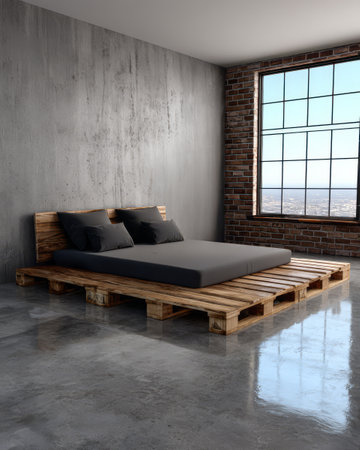 A spacious urban loft features a wooden pallet bed with dark bedding. The room boasts a large window offering a panoramic view of the city skyline. Natural light enhances the contemporary feel.の素材