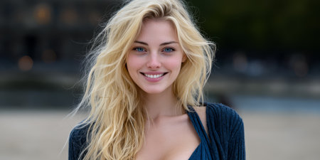 A joyful woman stands outdoors smiling radiantly. Her long flowing hair frames her face. The soft natural light highlights her features creating a warm and inviting atmosphere.の素材