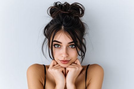 A young woman wearing a simple top rests her chin on her hands gazing directly at the viewer. Her long hair is styled in a messy bun accentuating her features against a light background.の素材
