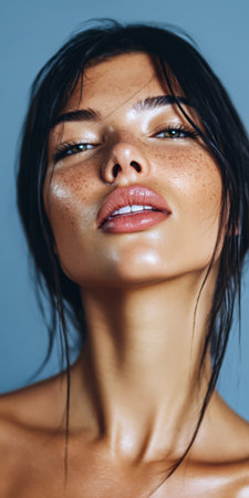 A confident young woman poses with her head tilted slightly showcasing her freckled skin and glossy lips.の素材