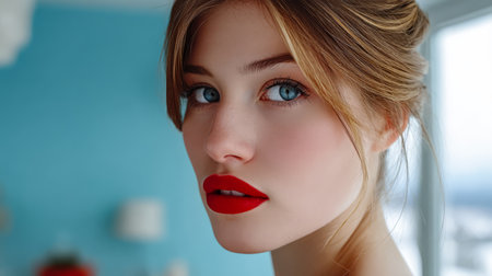 A young woman poses gracefully with a confident expression showcasing her vibrant red lips and captivating blue eyes. The background features a soothing blue hue creating a serene atmosphere.の素材