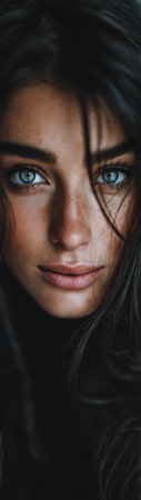 A young woman with long dark hair gazes directly at the viewer her blue eyes sparkling with intensity. Soft lighting highlights her facial features showcasing her natural beauty.の素材