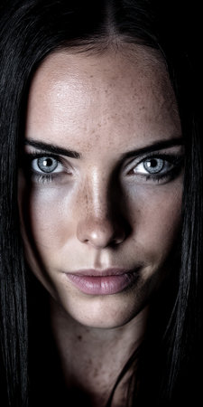 A model with long dark hair and remarkable blue eyes gazes directly at the viewer. The close-up highlights her flawless skin and strong facial features under dramatic lighting.の素材