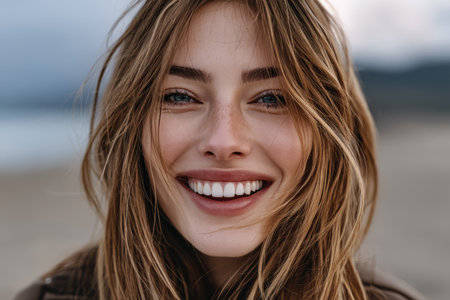 A woman with long hair smiles brightly while standing on a sandy beach. The clear sky and gentle waves create a serene backdrop highlighting her joyful spirit and natural beauty.の素材