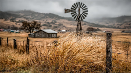 A rustic windmill spins in the distance as golden grass sways gently. The scene captures a quiet rural setting under overcast skies with rolling hills and a weathered barn nearby.の素材