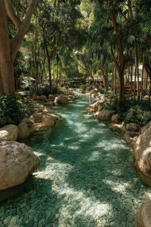Clear turquoise water meanders through smooth stones amid dense trees in a serene garden. Soft light filters through the canopy creating a peaceful atmosphere ideal for relaxation.の素材