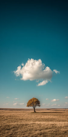 A lone tree stands on a wide grassy field beneath a blue sky filled with soft white clouds. The tranquility of the scene invites contemplation and appreciation of natures beauty.の素材