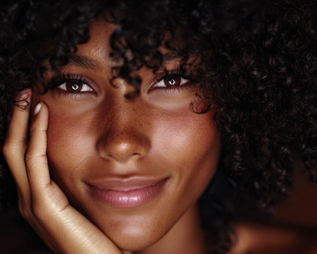 This close-up features a woman with curly hair smiling gently. Her warm expression and glowing skin highlight her natural beauty exuding confidence and joy against a soft background.の素材