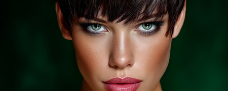 A model with short dark hair and vibrant green eyes showcases flawless makeup.の素材