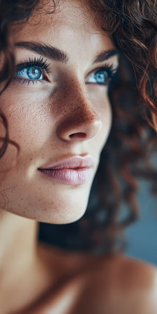 A woman with curly hair and freckles gazes thoughtfully towards the side. Her bright blue eyes reflect a sense of contemplation. The soft lighting enhances her natural beauty and features.の素材