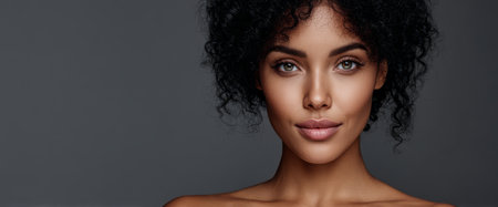 A woman with curly hair is confidently posing against a dark gray background. Her expression is serene and she has a natural radiant look that emphasizes her features and style.の素材