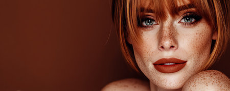 A woman with striking freckles and vibrant red lipstick poses against a warm brown background. Her short hair frames her face beautifully enhancing her captivating gaze.の素材