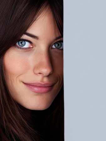 A woman with striking blue eyes smiles gently while partially leaning against a light-colored surface. The soft lighting highlights her features and creates a warm atmosphere.の素材