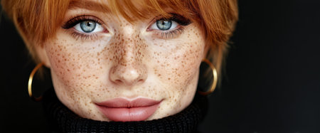 A young woman with vibrant red hair and striking blue eyes gazes directly at the camera. Freckles adorn her face and she wears a cozy black turtleneck. Her confident expression captivates viewers.の素材
