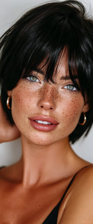 A woman with beautiful freckles and short black hair poses gracefully showcasing clear blue eyes and a natural look. Soft lighting accentuates her features and adds warmth to the moment.の素材