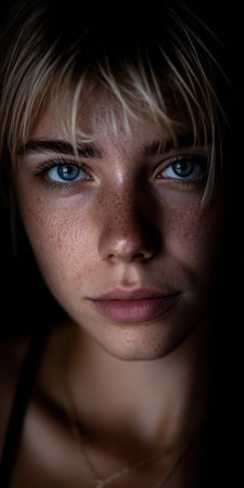 Close-up of a young woman showcasing striking blue eyes and freckles captured in soft dim light. Her expression is calm and introspective evoking a sense of depth and emotion.の素材