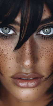 A young woman with deep green eyes and pronounced freckles gazes directly at the viewer her dark hair framing her face. The composition emphasizes her natural beauty and emotions.の素材