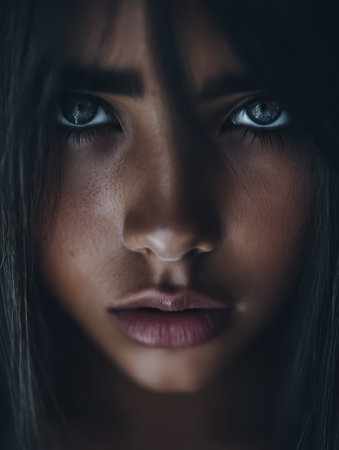 A young woman stares intensely at the camera her dark hair framing her face. Her captivating blue eyes convey deep emotions creating a powerful and engaging atmosphere.の素材