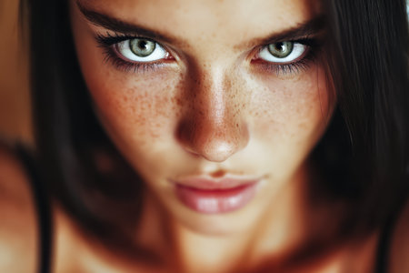 A young woman gazes directly at the camera showcasing her vibrant green eyes and pronounced freckles. Her smooth skin and serious expression create an intriguing atmosphere capturing attention.の素材