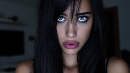 A woman poses with long dark hair and intense blue eyes showcasing a bold expression. The low lighting adds an air of mystery to the setting enhancing her striking features.の素材