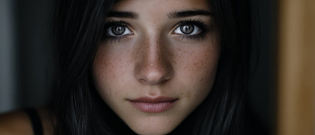 A young woman is captured in a close-up portrait showcasing her mesmerizing blue eyes smooth skin and long dark hair.の素材