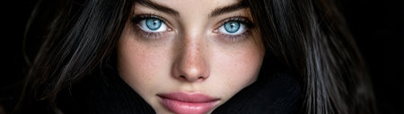 A young woman with captivating blue eyes and dark long hair gazes directly at the viewer. She is wrapped in a warm black scarf creating a striking contrast with her fair skin.の素材