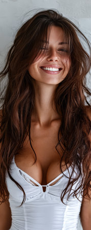 A woman with long wavy hair is smiling cheerfully in a well-lit indoor space. The warm atmosphere highlights her joyful expression creating an inviting scene.の素材