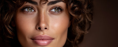 A woman with beautiful curly hair gazes confidently with a subtle smile. Her warm skin tone and expressive eyes catch the soft lighting creating an inviting atmosphere.の素材