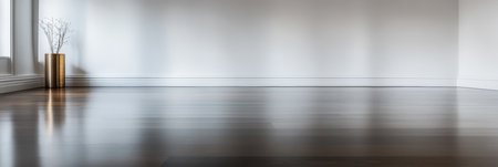 A spacious bright room showcases a polished wooden floor. A slender modern vase sits elegantly against the wall enhancing the minimalist decor and ambiance.の素材