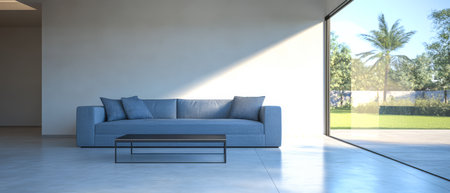 This contemporary living room features a sleek blue sofa with decorative cushions and a minimalist coffee table. Bright sunlight illuminates the space creating a serene atmosphere.の素材