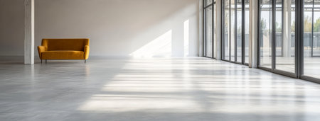 A well-lit minimalist interior features a yellow couch facing large glass windows. The natural light highlights the smooth concrete floor and simple design creating an inviting atmosphere.の素材