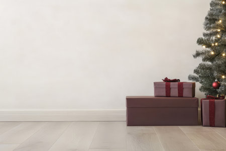 A beautifully decorated Christmas tree stands beside elegantly wrapped gifts in a cozy indoor space. Warm lights twinkle on the tree creating a festive atmosphere perfect for the holiday season.の素材